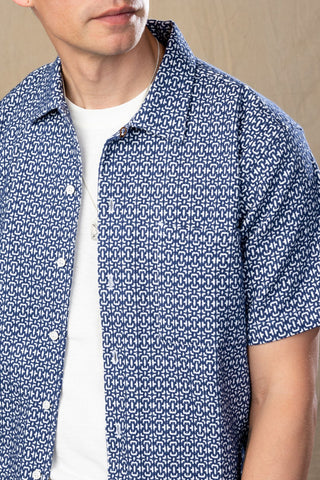 Navy and White Jacquard Camp Collar Short Sleeve Shirt