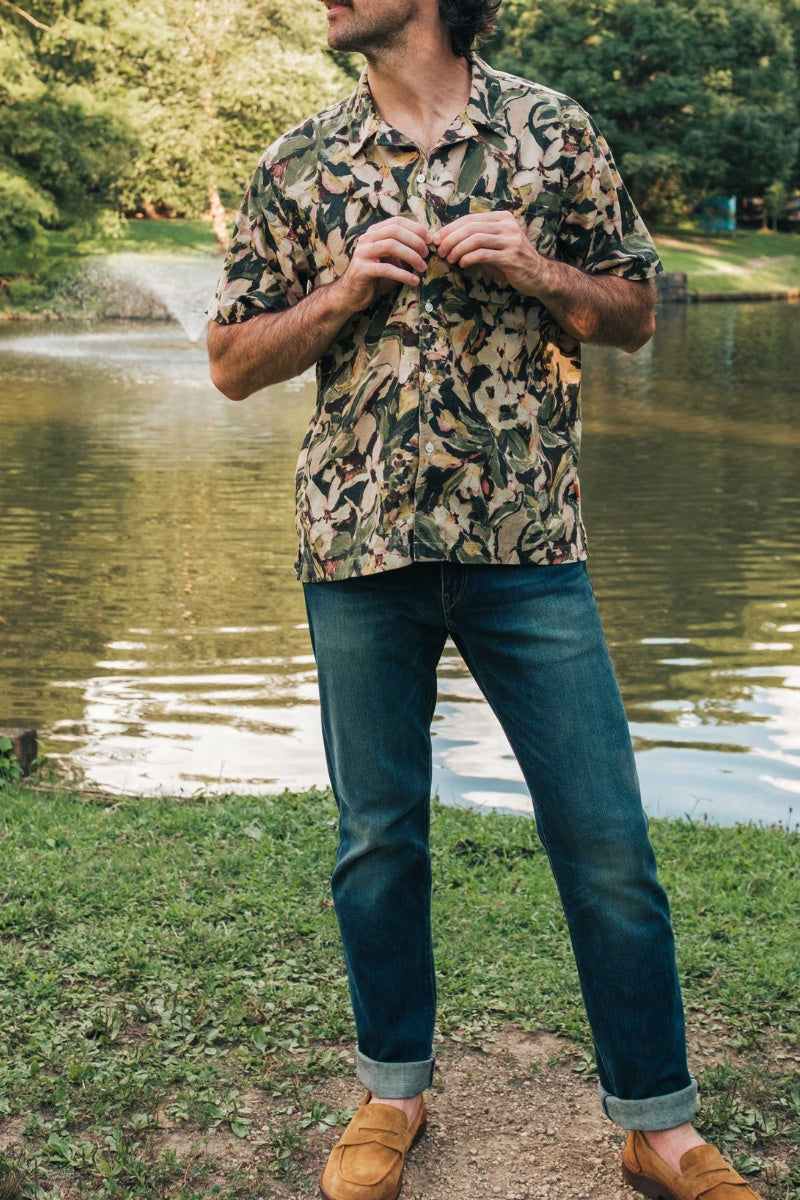 Green and Pink Short Sleeve Camp Collar