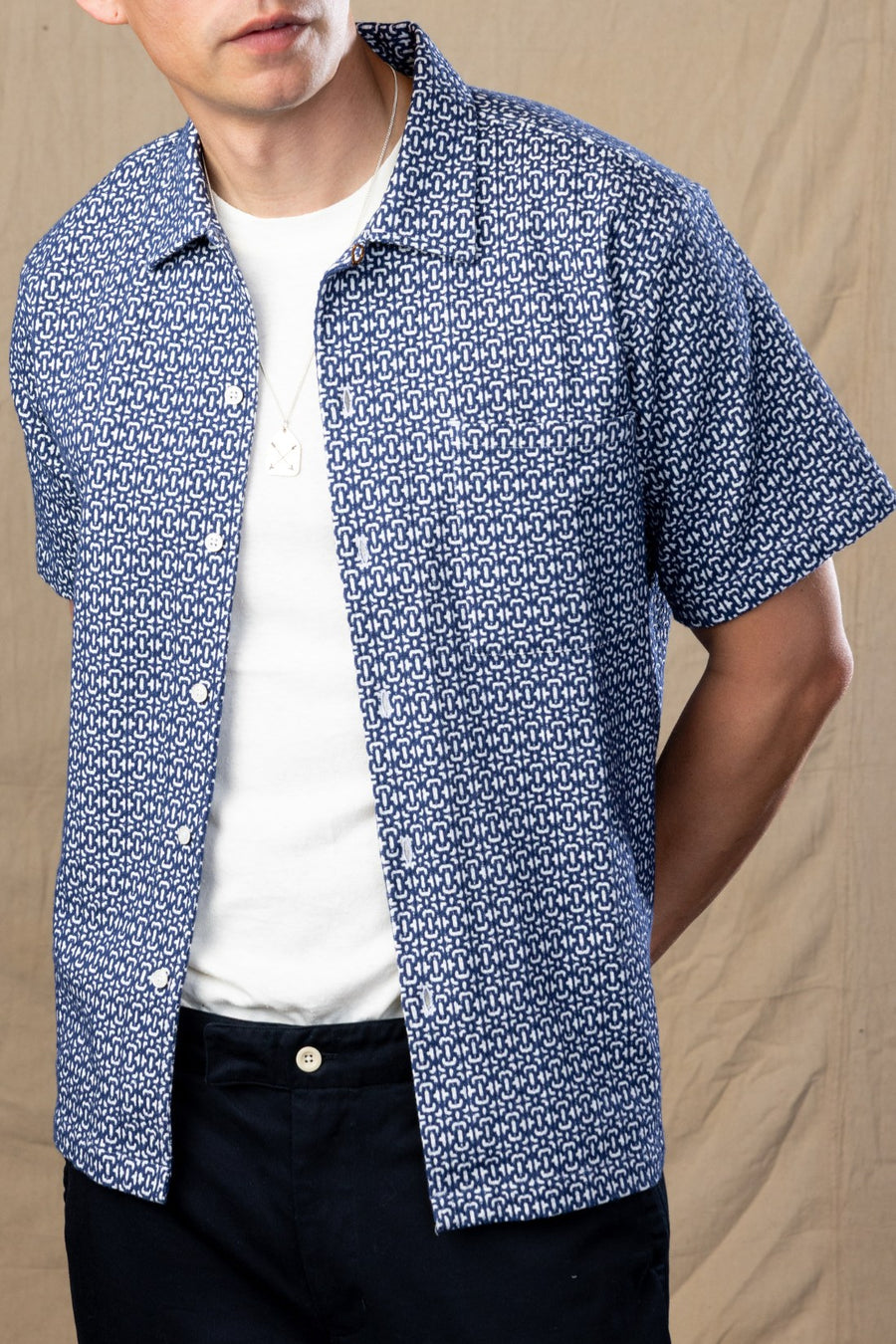 Navy and White Jacquard Camp Collar Short Sleeve Shirt