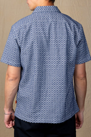 Navy and White Jacquard Camp Collar Short Sleeve Shirt