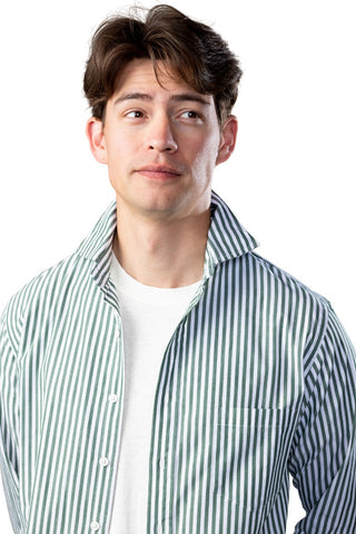 Green and White Stripe Spread Collar Shirt