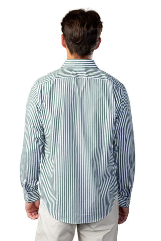 Green and White Stripe Spread Collar Shirt