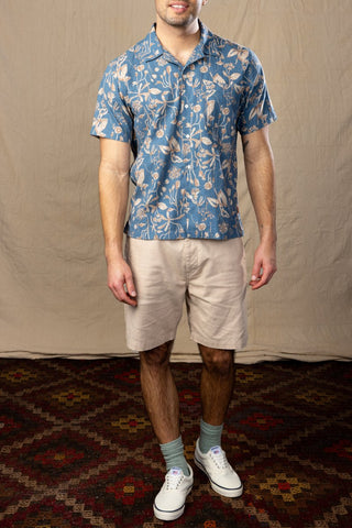 Japanese Linen  Blue and Tan Flora Short sleeve Sport Shirt