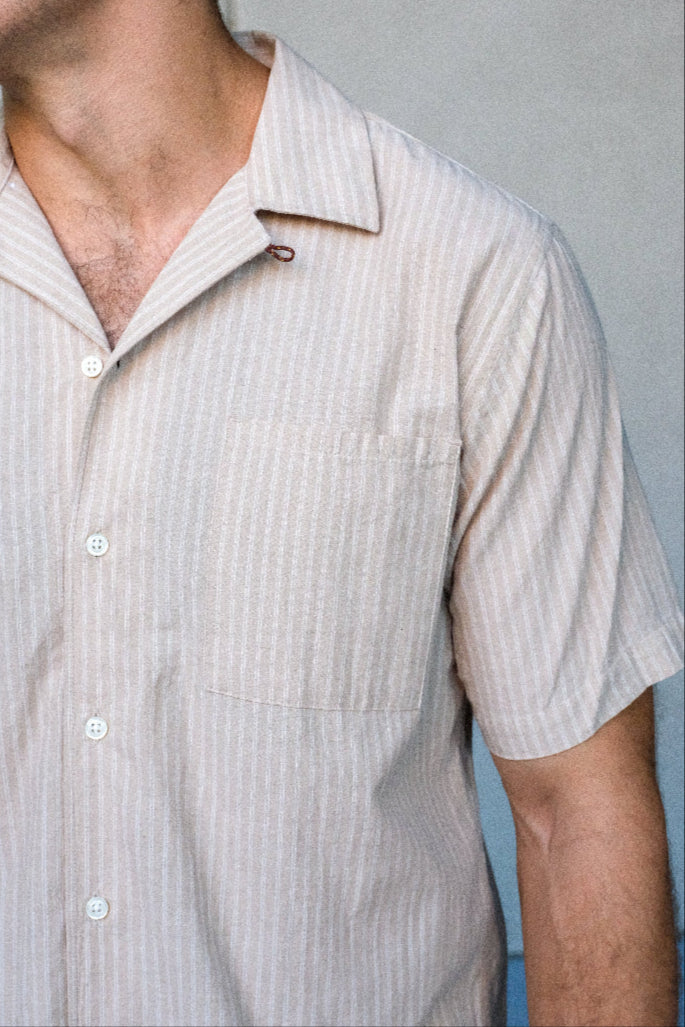 Tan and Ivory Stripe Cotton Linen Camp Collar
