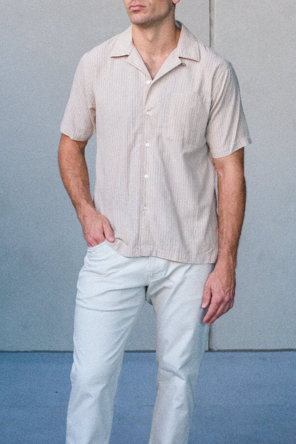 Tan and Ivory Stripe Cotton Linen Camp Collar