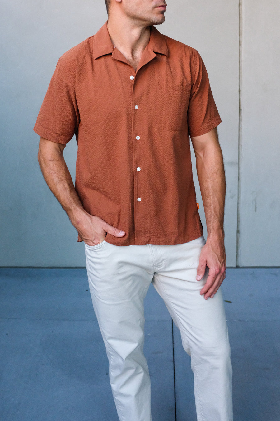 Rust Seersucker Camp Collar