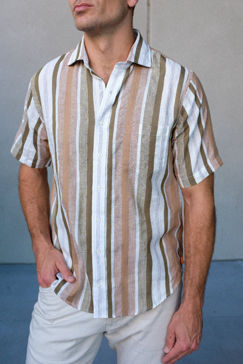 Brown And Green Vertical Stripe Spread Collar