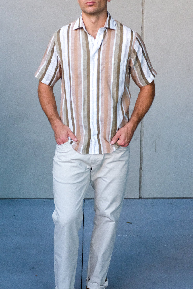 Brown And Green Vertical Stripe Spread Collar