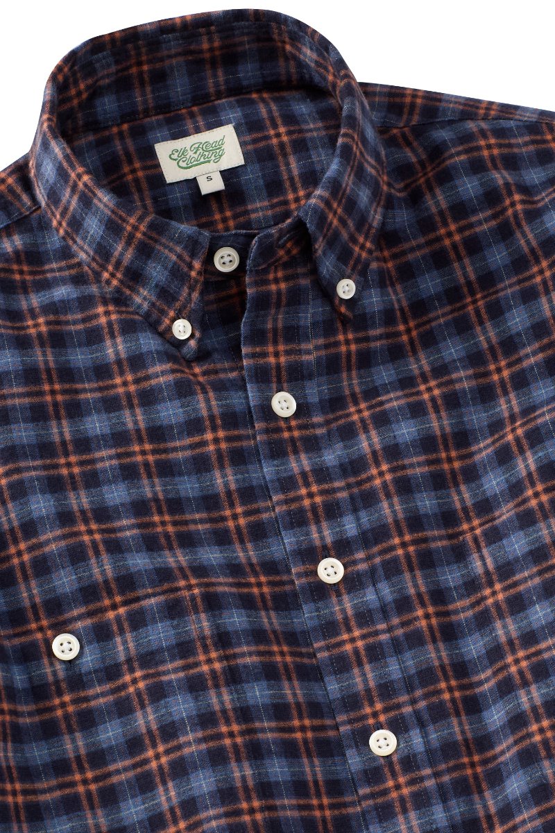 Navy And Orange Cotton Linen Plaid Flannel  Sport Shirt