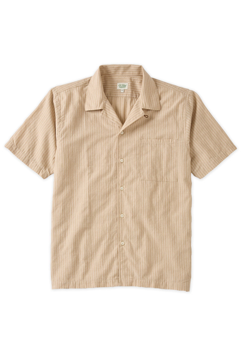 Tan and Ivory Stripe Cotton Linen Camp Collar