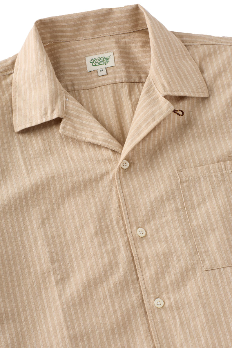 Tan and Ivory Stripe Cotton Linen Camp Collar
