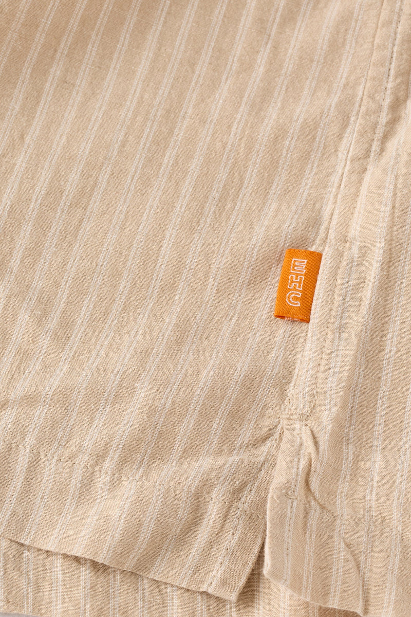 Tan and Ivory Stripe Cotton Linen Camp Collar
