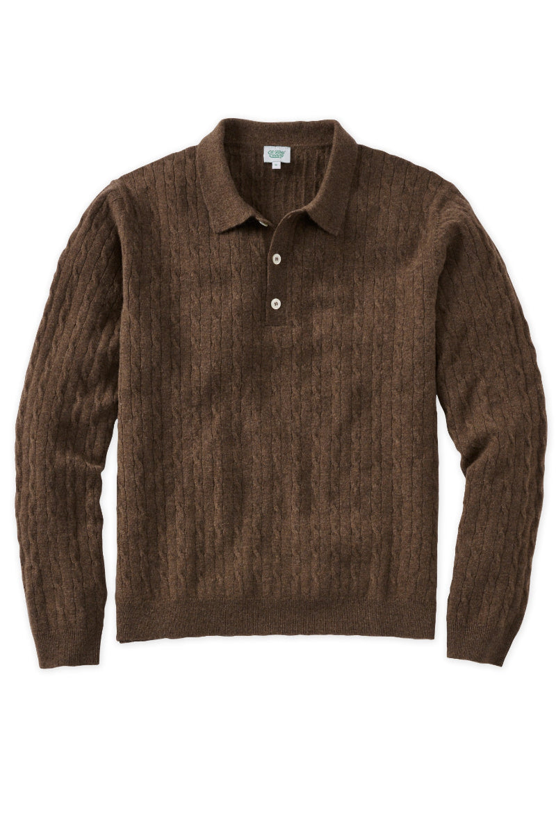 Cashmere Long Sleeve Coffee Polo Cable Knit