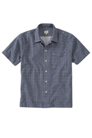 Navy and White Jacquard Camp Collar Short Sleeve Shirt