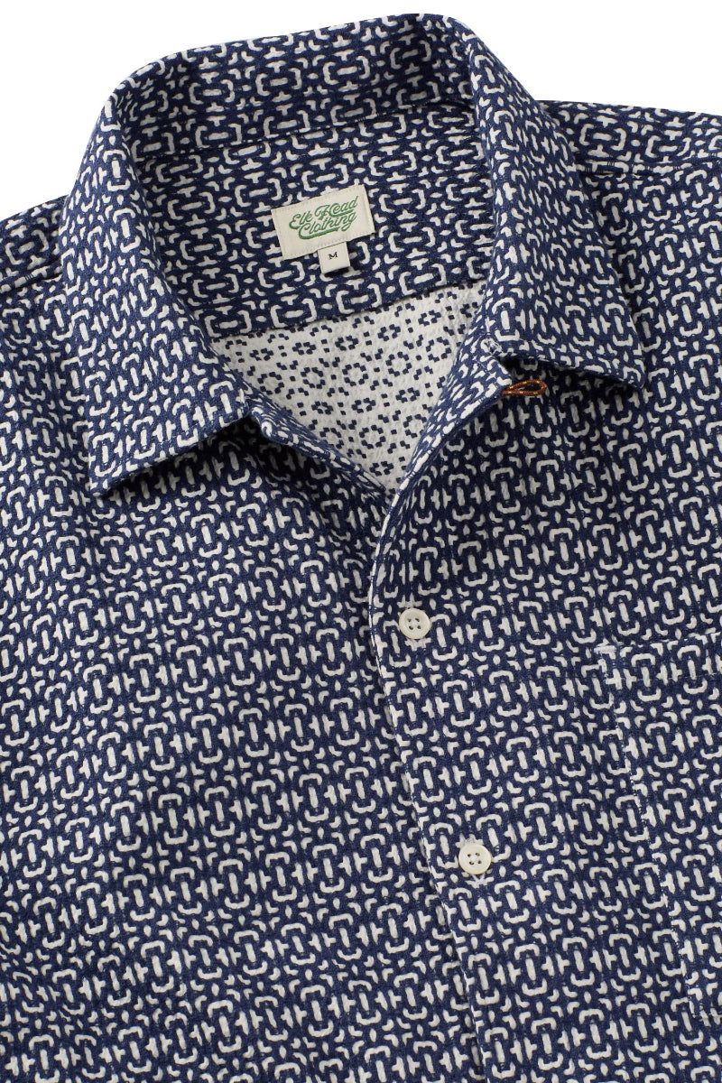 Navy and White Jacquard Camp Collar Short Sleeve Shirt