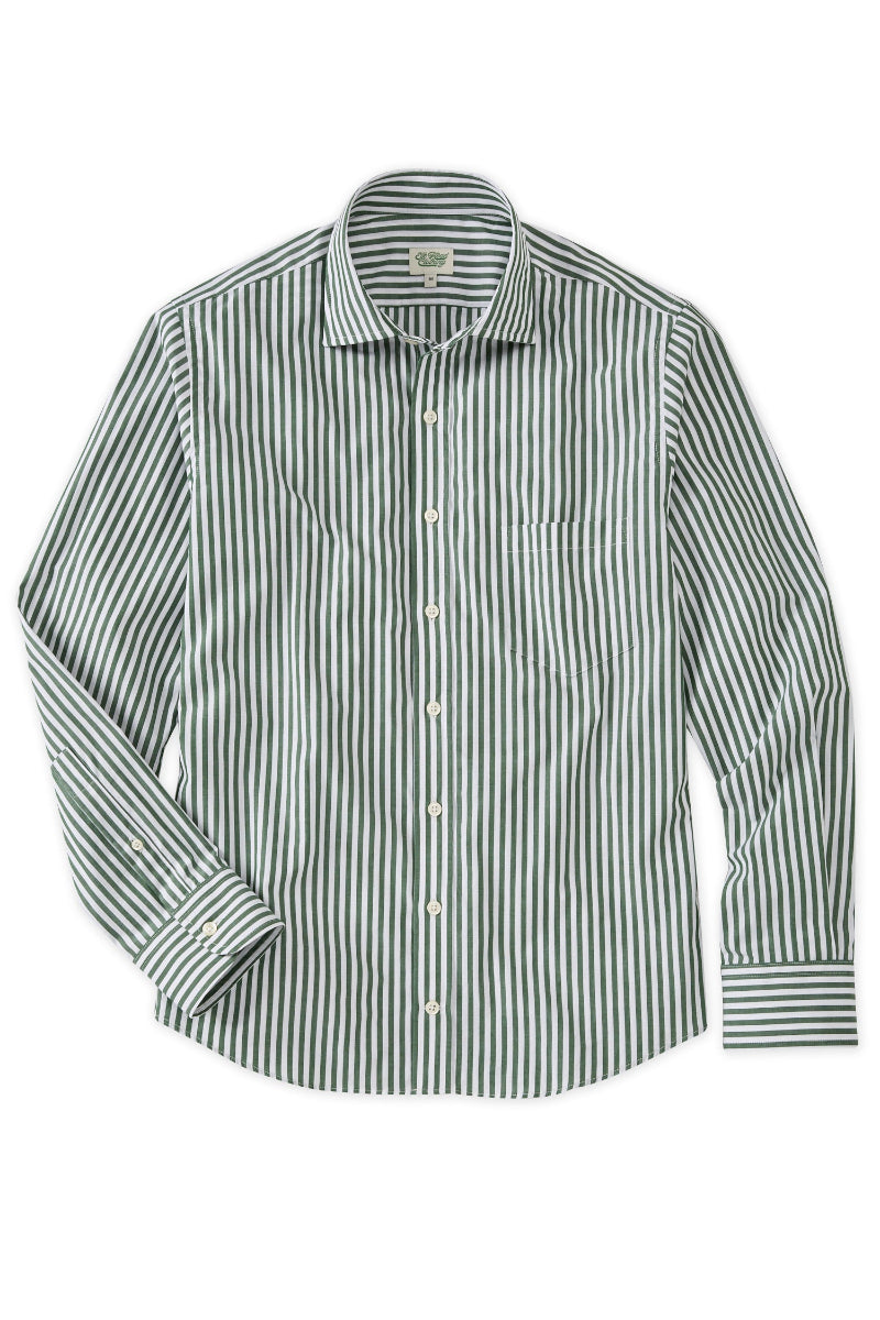 Green and White Stripe Spread Collar Shirt