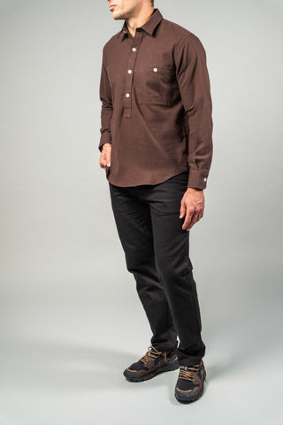 Model wearing the Terracotta Offsides Brushed Cotton Popover with black trousers, full-length front view