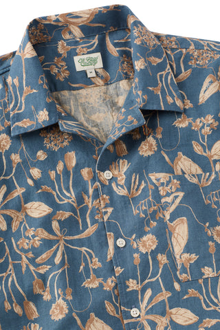Japanese Linen  Blue and Tan Flora Short sleeve Sport Shirt