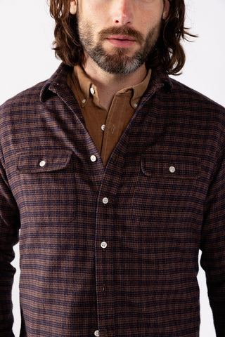 Navy Brown Plaid Double Chest Pocket Brush Portuguese Flannel