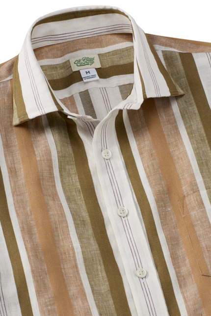 Brown And Green Vertical Stripe Spread Collar