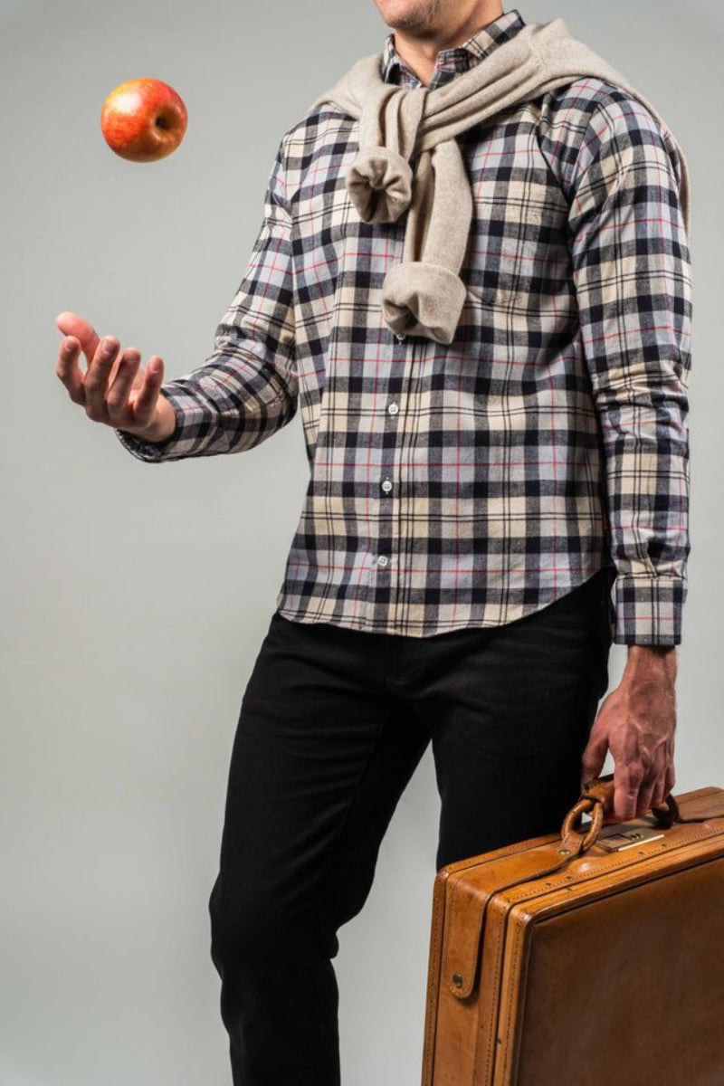 Ivory, Charcoal and Red Plaid Brushed Flannel