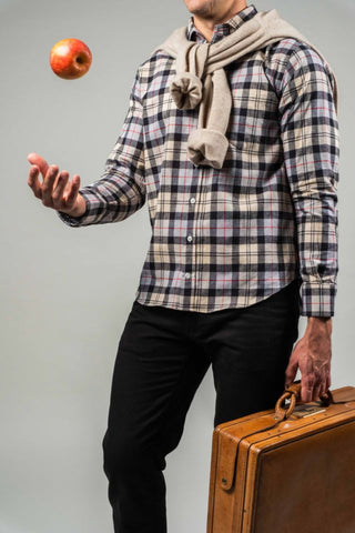 Ivory, Charcoal and Red Plaid Brushed Flannel
