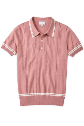 Italian Cashmere White Tipped Cable Knit Polo in Vintage Pink