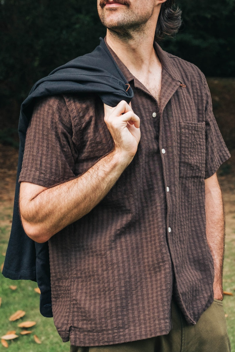 Brown Jacquard Short Sleeve Camp Collar