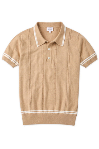Italian Cashmere White Tipped Cable Knit Polo in Arizona Tan