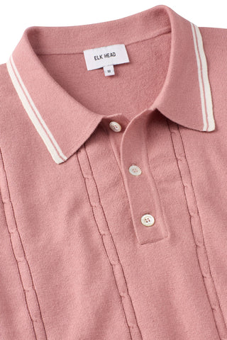 Italian Cashmere White Tipped Cable Knit Polo in Vintage Pink