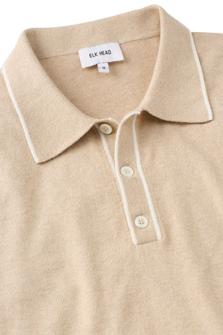 Italian Cashmere White Tipped Polo in Porcelain Beige